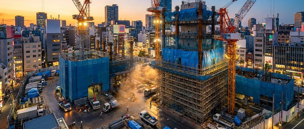 夕暮れの建設現場