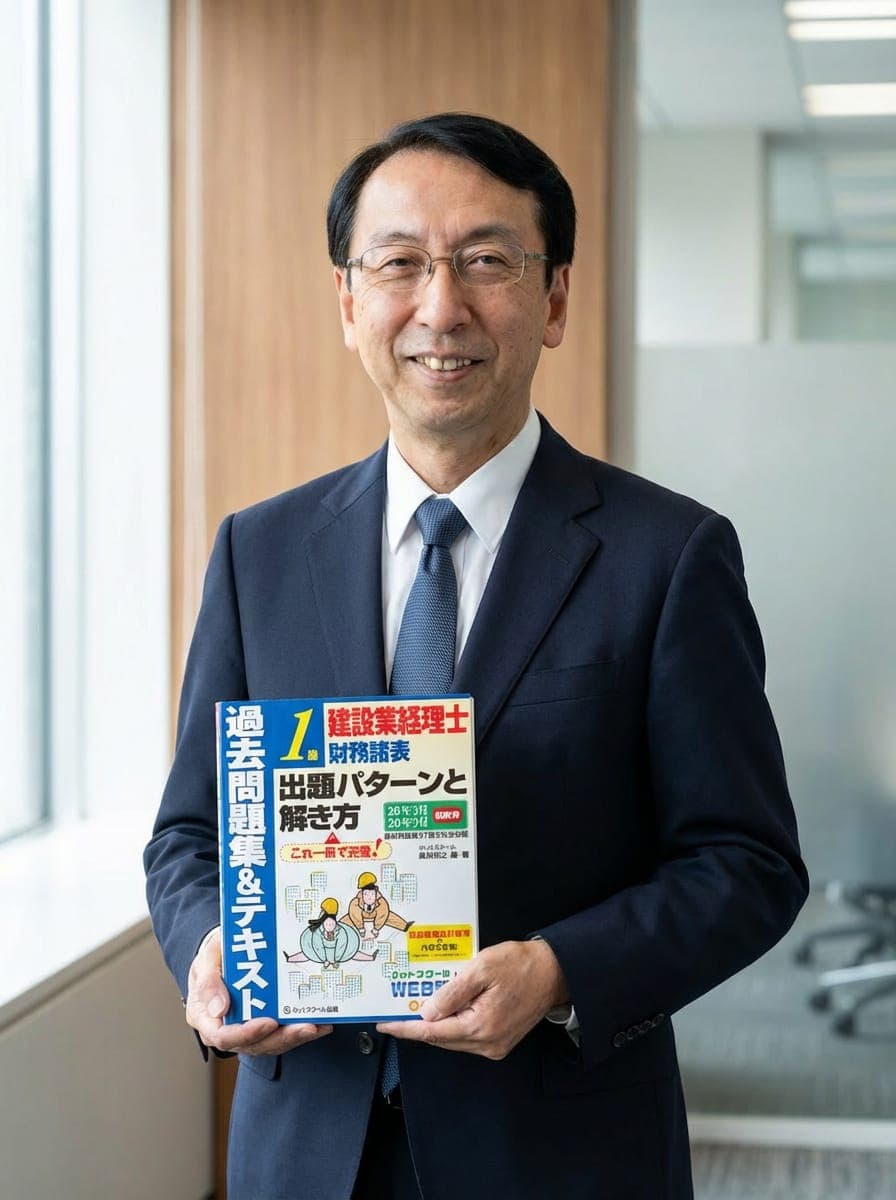 建設業経理士テキストを手にする著者