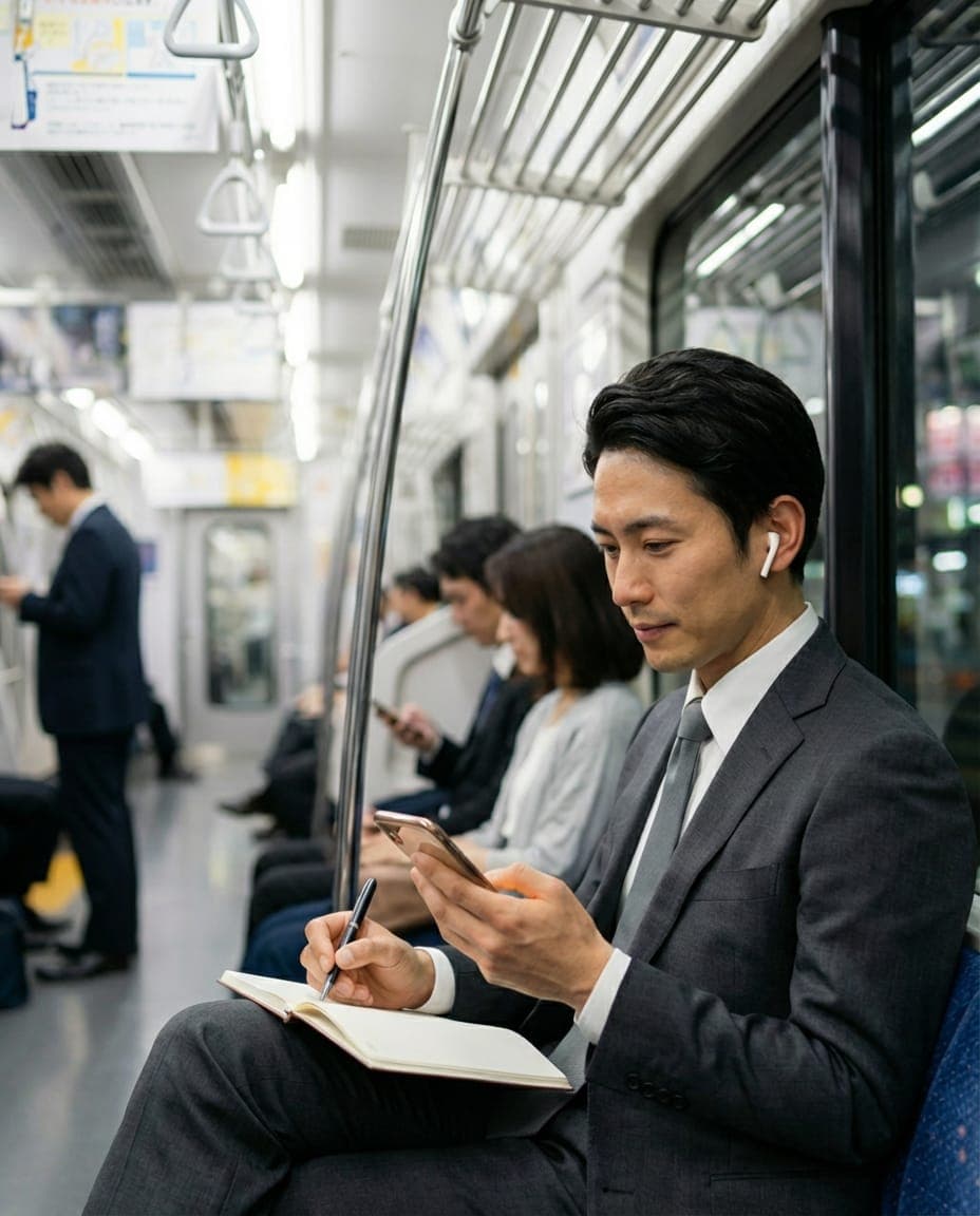 移動中にスマートフォンで講義を視聴する社会人